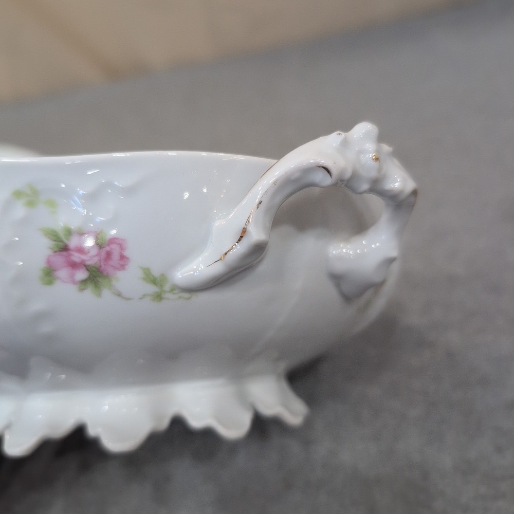 Antique Porcelain Covered Vegetable Tureen Pink Floral Gold Gilt Footed Dish - Picture 8 of 10
